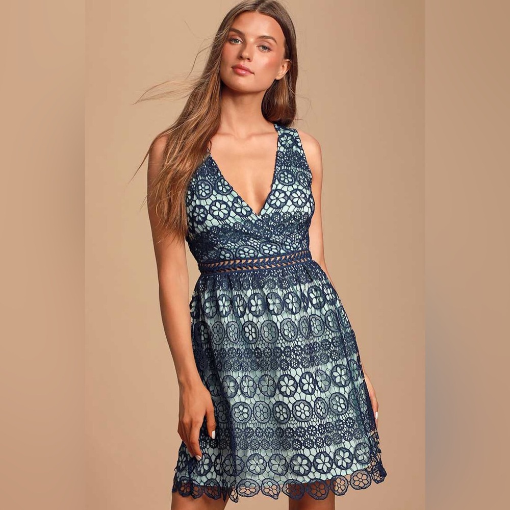 Lulu’s Forever My Love Navy Blue Crochet Lace Skater Dress